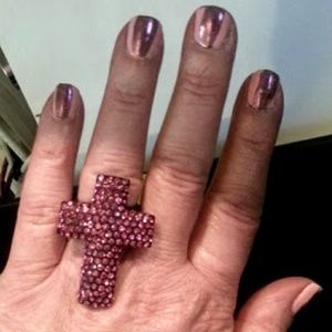 Hot Pink sparkly rhinestone wide cross stretch ring sz approx 7